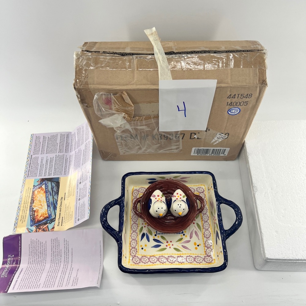 Temptations Old World Napkin Holder Salt Pepper Set Blue Floral Ceramic Shakers
